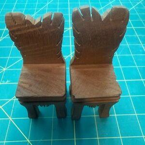 Vtg 2 Hand Carved Wooden Miniature Chairs Folk Art Dollhouse Rustic Decor 4.5”